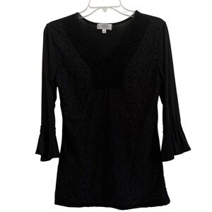 Whimsy Goth Witchy Shannon Ford New York Black Lace Pom Pom VNeck Bell Sleeve S